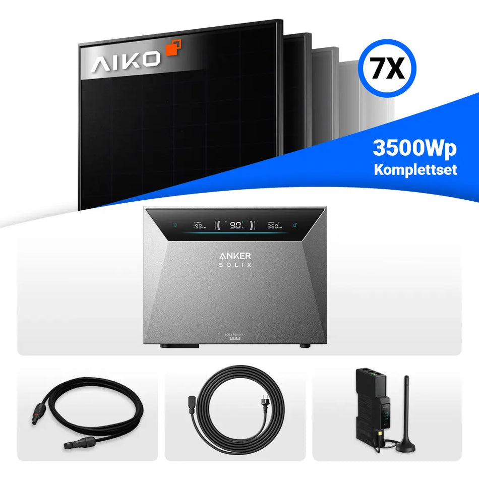Balkonkraftwerk 3500Wp mit Speicher: 7x AIKO 500W Panels & Anker Solix Solarbank 4 Pro.