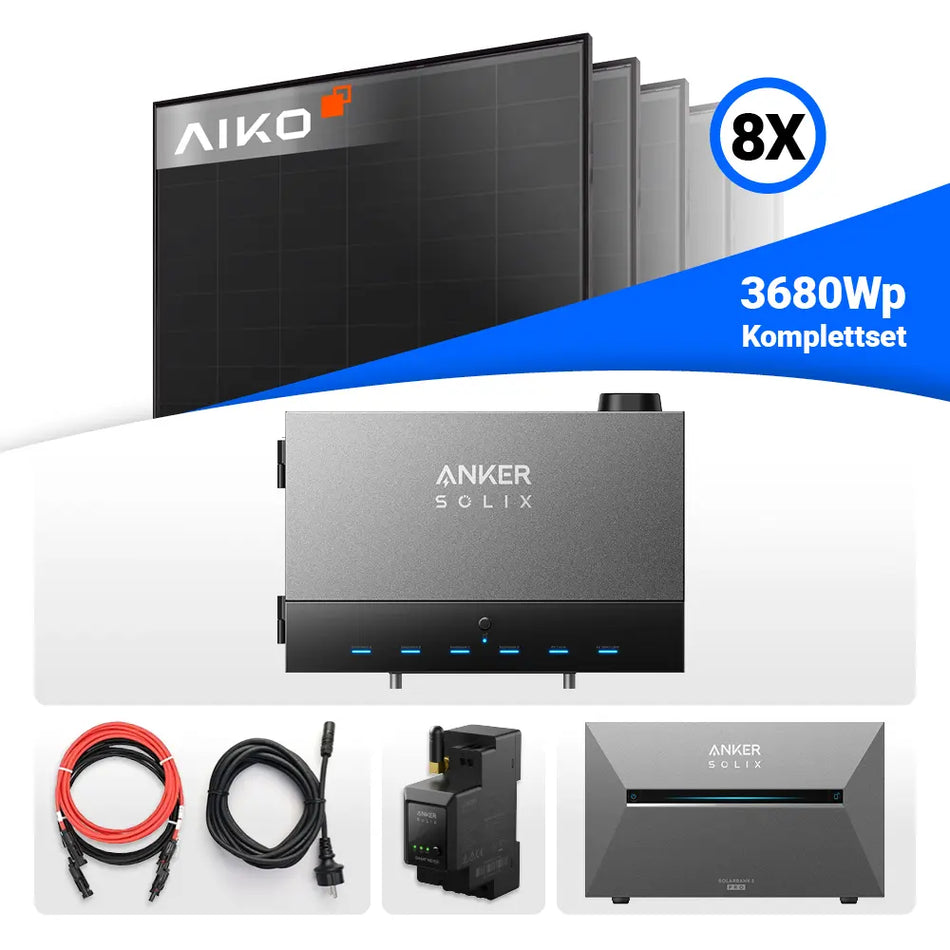 Balkonkraftwerk Komplettset 3680 Wp – 8x Aiko 460W Module mit Anker SOLIX PowerDock, Kabeln und Zubehör – erhältlich bei SH24.