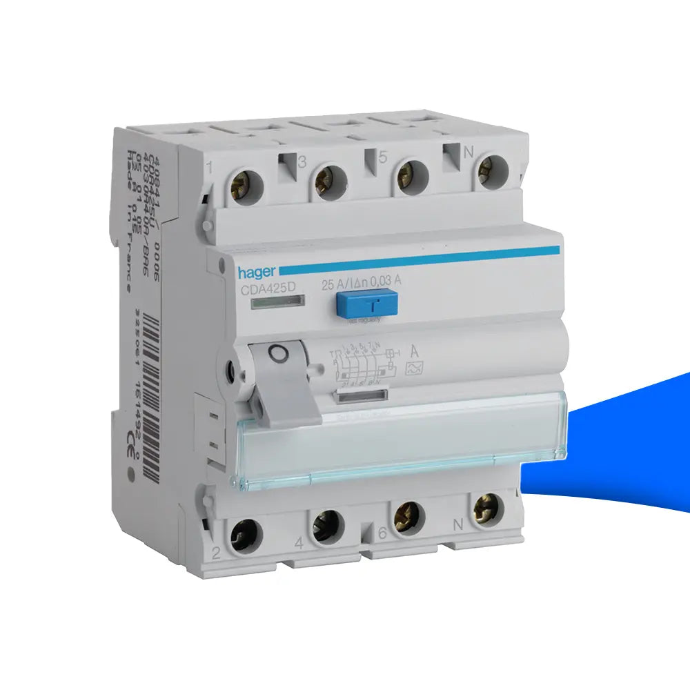 Hager CDA425D FI-Schalter 4-polig, 25A, 30mA, Typ A, 6kA – zuverlässiger Fehlerstromschutz für Elektroinstallationen