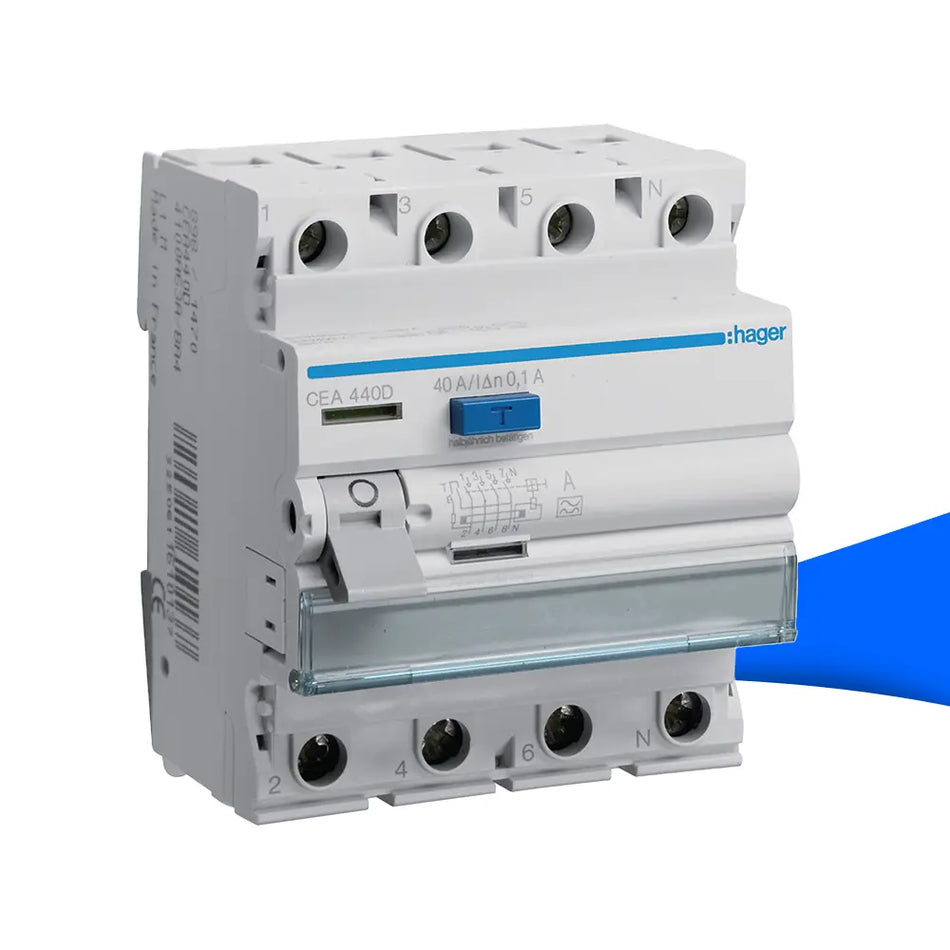 Hager CEA440D FI-Schalter 4-polig, 40A, 100mA, Typ A, 6kA – zuverlässiger Fehlerstromschutz für Elektroinstallationen