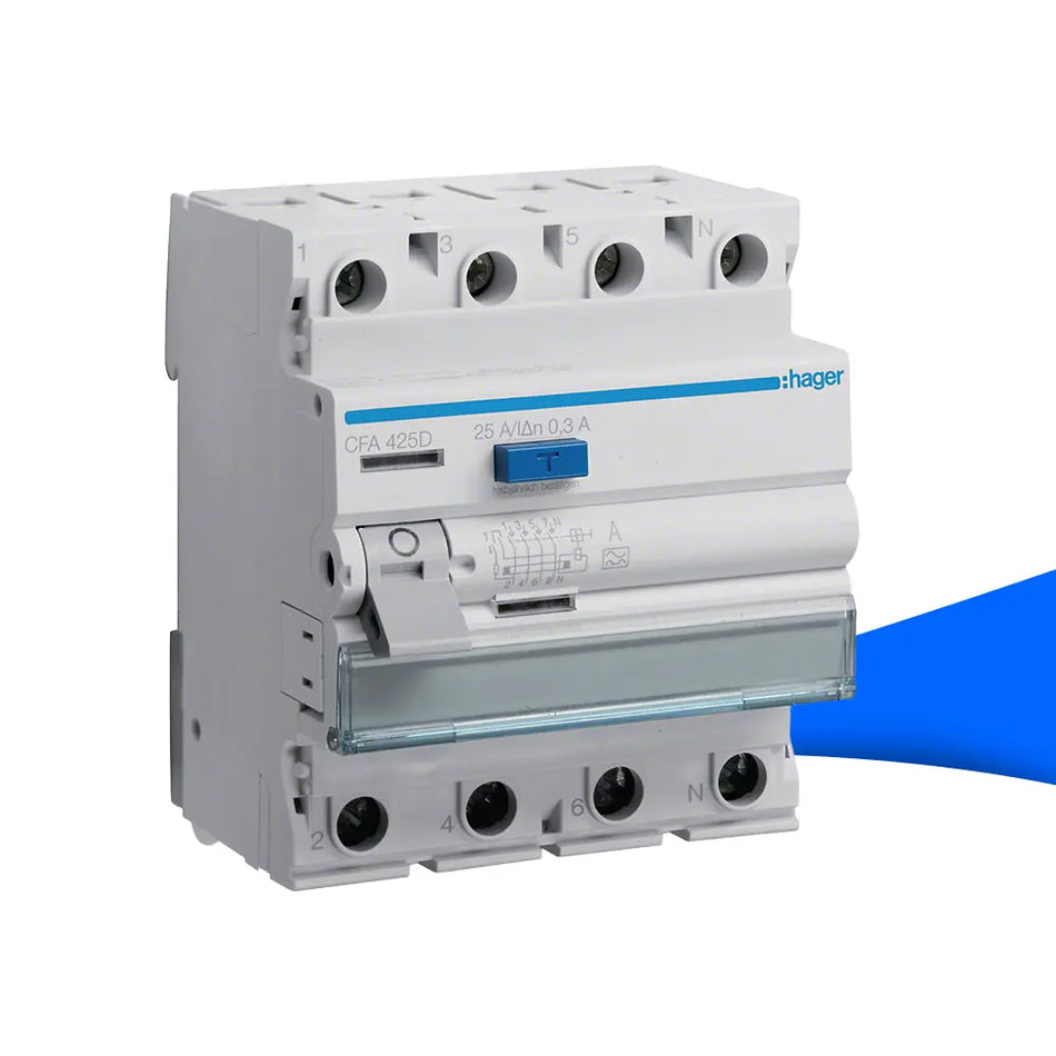 Hager CFA425D Fehlerstromschutzschalter 4-polig, 25A, 300mA, Typ A, 6kA – FI-Schutzschalter für sichere Elektroinstallation