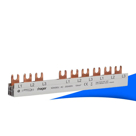 Hager KDN363J Phasenschiene 3-polig, 63A, 10mm², 10 Module, Gabelanschluss – zuverlässige Stromverteilung im Verteiler