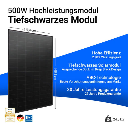 Infobild Aiko 500W Solarmodul Full Black. Hohe Effizienz. Tiefschwarzes Solarmodul. ABC-Technologie. 30 Jahre Leistungsgarantie