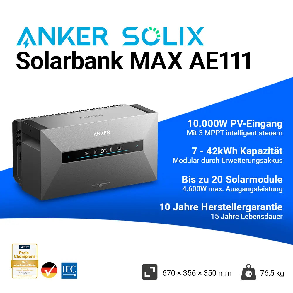 Modularer Solarspeicher Anker Solix Solarbank MAX AE111: 3 MPPT, bis zu 4.600W Ausgangsleistung und 10 Jahre Garantie.