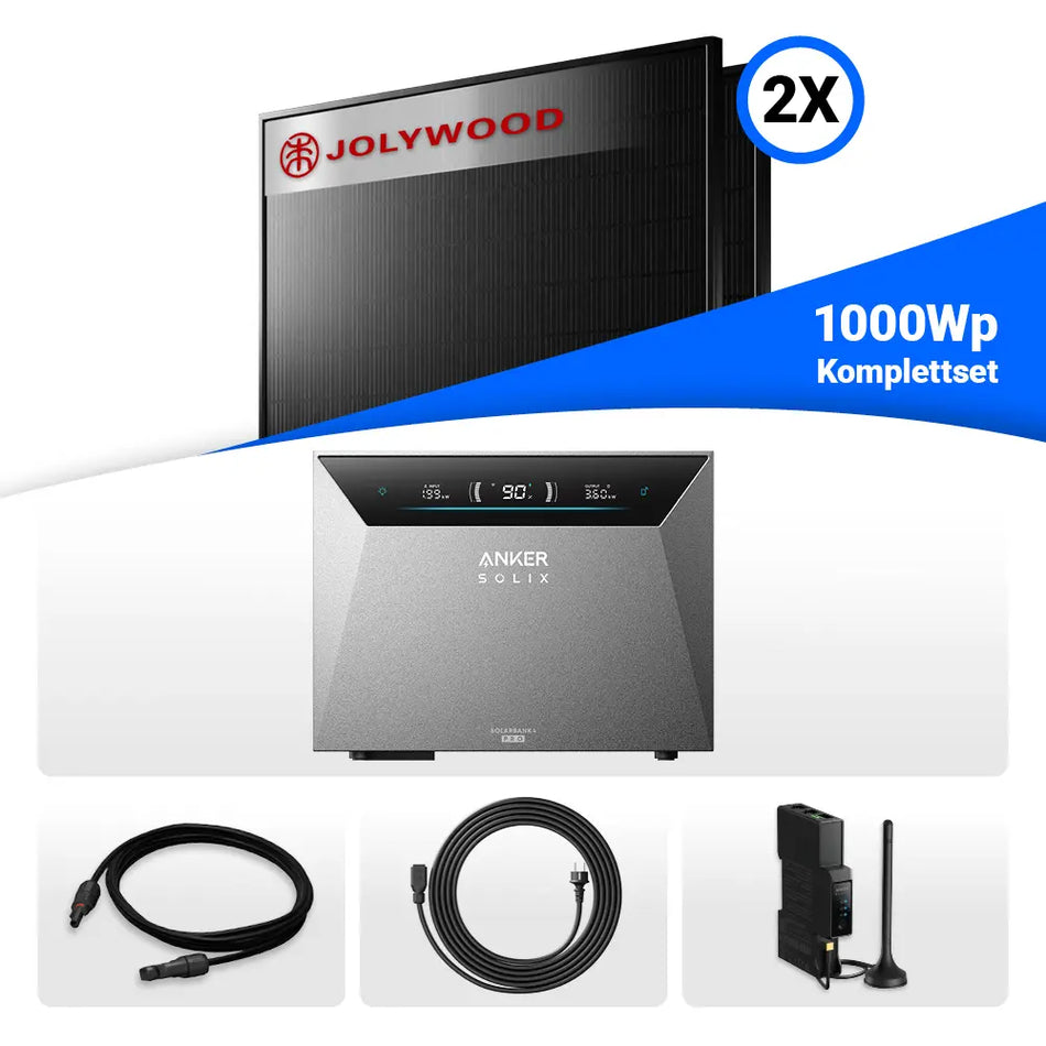 800W/1000W Balkonkraftwerk mit Speicher - 2x Jolywood 500W Full Black bifazial & Anker Solix Solarbank 4 Pro