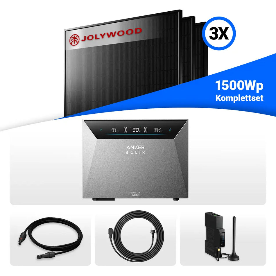 1500W Balkonkraftwerk mit Speicher - 3x Jolywood 500W Full Black bifazial & Anker Solix Solarbank 4 Pro