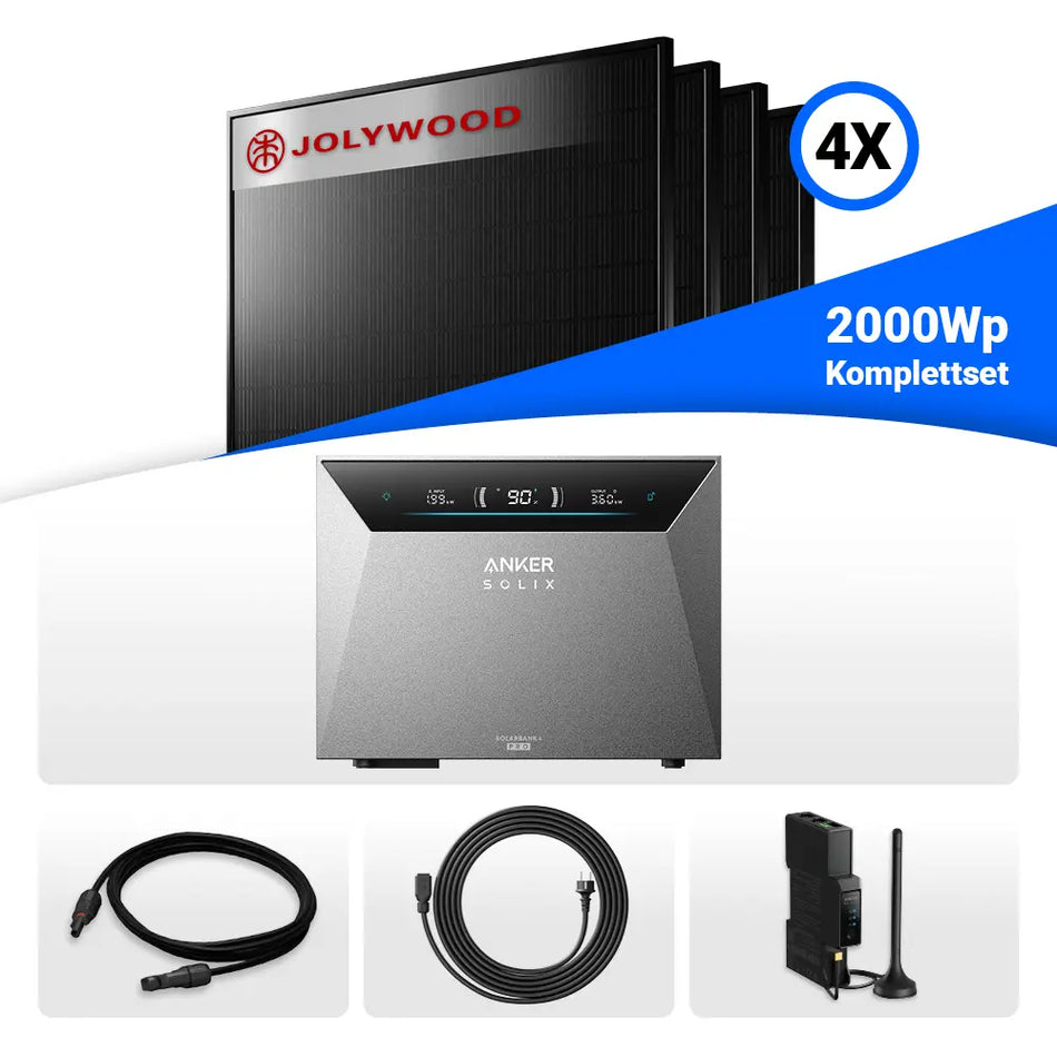 2000W Balkonkraftwerk mit Speicher - 4x Jolywood 500W Full Black bifazial & Anker Solix Solarbank 4 Pro