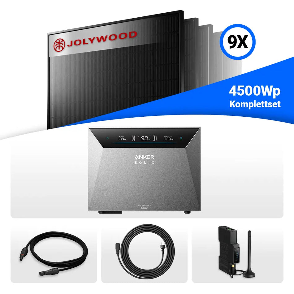 4500W Solarkraftwerk mit Speicher - 9x Jolywood 500W Full Black bifazial & Anker Solix Solarbank 4 Pro
