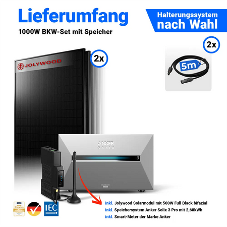 2x Jolywood Solarmodul 500 Watt Halterungssystem nach Wahl Anker Speicher Solix 3 Pro und Kabel