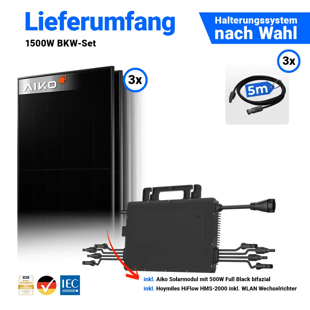 Lieferumfang 1500Wp Set: 3x AIKO 500W bifazial & Hoymiles HiFlow HMS-2000-4WB.