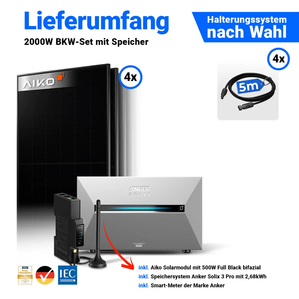 Lieferumfang Komplettset 2000Wp Solaranlage: 4x AIKO 500W Full Black Panels mit Anker Solix Solarbank 3 Pro.