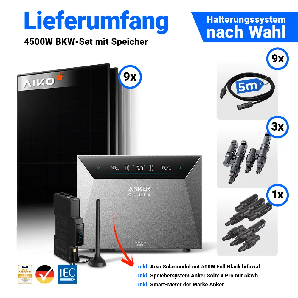 Lieferumfang 4500Wp Balkonkraftwerk: 9x AIKO 500W Panels & Anker Solix Solarbank 4 Pro.