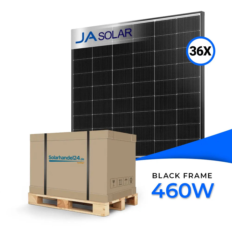 Palette mit 36 JA Solar bifazialen Glas-Glas Solarmodulen, Modell JAM54D40, schwarzer Rahmen, Leistung 460 Watt, verpackt auf Holzpalette mit Karton von sularhandel24.com, daneben ein einzelnes Modul in schwarzem Design.