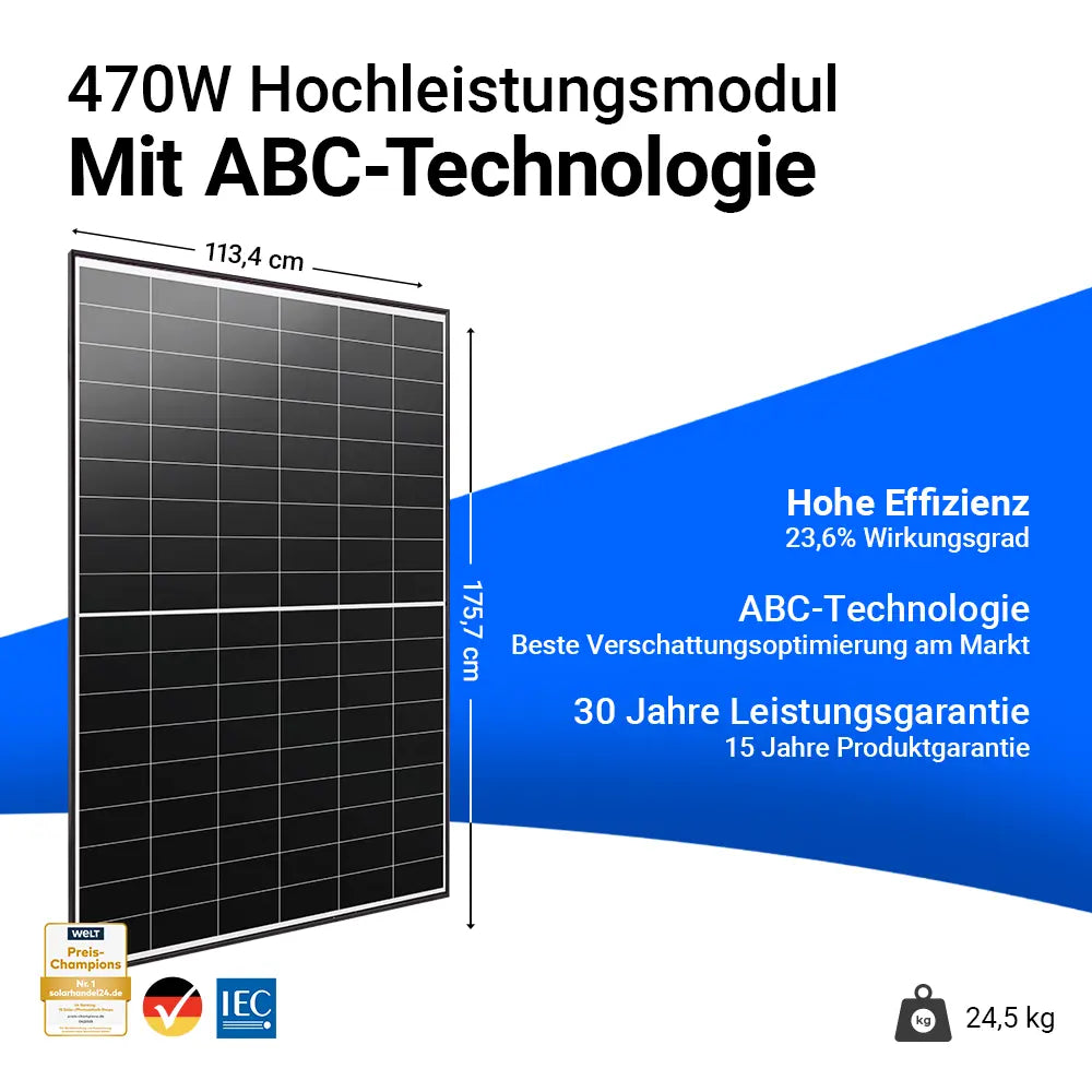 Infobild AIKO 470W Black Frame. Hohe Effizienz, ABC-Technologie, 30 Jahre Leistungsgarantie 