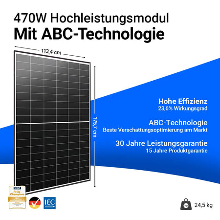 Infobild AIKO 470W Black Frame. Hohe Effizienz, ABC-Technologie, 30 Jahre Leistungsgarantie 