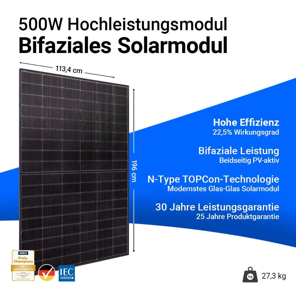 Jolywood JW-HD108N-R2 500W bifaziales Glas-Glas Full Black Solarmodul – Hochleistungsmodul mit 22,6 % Wirkungsgrad, N-Type TOPCon-Technologie, beidseitig PV-aktiv, 30 Jahren Leistungsgarantie und 25 Jahren Produktgarantie. Maße 195,3 x 113,4 cm, Gewicht 27,3 kg. Erhältlich bei sh24