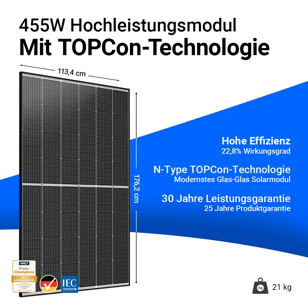 Trina Vertex S+ Solarmodul mit 455 Watt Leistung. Schwarzes Glas-Glas-Hochleistungsmodul, Maße 176,2 x 113,4 cm, Gewicht 21 kg. Hohe Effizienz mit 22,8 % Wirkungsgrad, ausgestattet mit moderner N-Type TOPCon-Technologie. 30 Jahre Leistungsgarantie und 25 Jahre Produktgarantie.