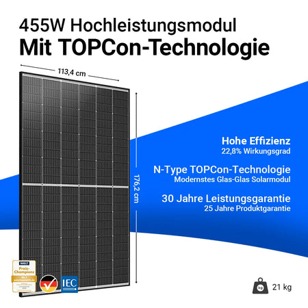 Trina Vertex S+ Solarmodul mit 455 Watt Leistung. Schwarzes Glas-Glas-Hochleistungsmodul, Maße 176,2 x 113,4 cm, Gewicht 21 kg. Hohe Effizienz mit 22,8 % Wirkungsgrad, ausgestattet mit moderner N-Type TOPCon-Technologie. 30 Jahre Leistungsgarantie und 25 Jahre Produktgarantie.
