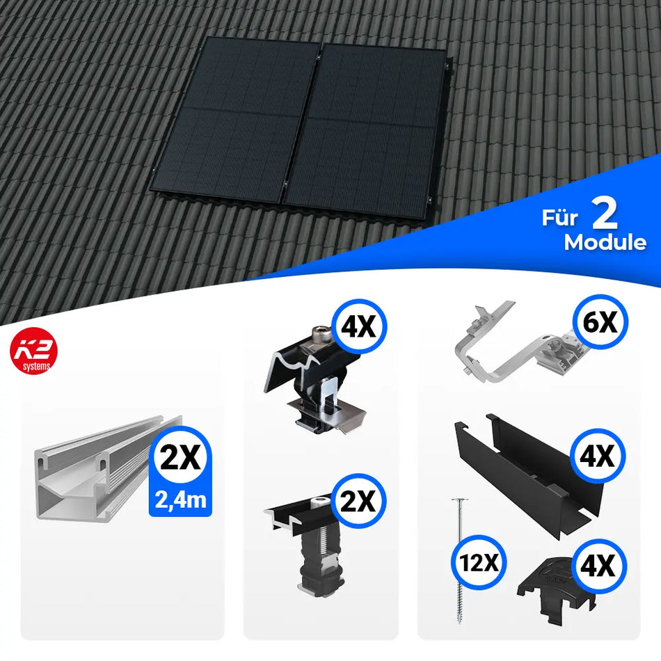 Montageset von K2 Systems für die vertikale Befestigung von Solarmodulen auf Schrägdächern. Enthält Schienen, Dachhaken, Klemmen, Abdeckleisten, Schrauben und weiteres Zubehör für eine stabile und langlebige Montage.