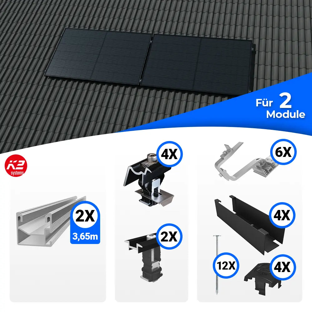 K2 Systems Quermontage Schrägdach Montageset für 2 Solarmodule – PV-Unterkonstruktion zur horizontalen Modulmontage auf geneigten Dächern