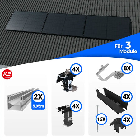 K2 Systems Quermontage Schrägdach Montageset für 3 Solarmodule – PV-Unterkonstruktion zur horizontalen Modulmontage auf geneigten Dächern