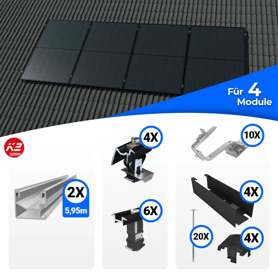 Montageset von K2 Systems für die vertikale Befestigung von Solarmodulen auf Schrägdächern. Enthält Schienen, Dachhaken, Klemmen, Abdeckleisten, Schrauben und weiteres Zubehör für eine sichere und langlebige Montage von vier PV-Modulen.