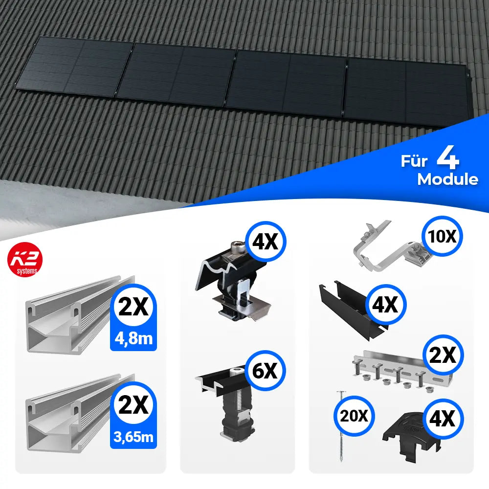 K2 Systems Quermontage Schrägdach Montageset für 4 Solarmodule – PV-Unterkonstruktion zur horizontalen Modulmontage auf geneigten Dächern
