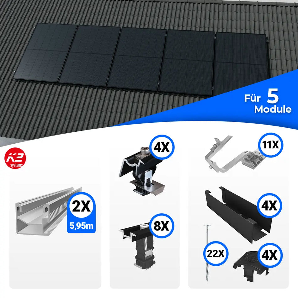 Montageset von K2 Systems für die vertikale Befestigung von Solarmodulen auf Schrägdächern. Beinhaltet Schienen, Dachhaken, Klemmen, Abdeckleisten, Schrauben und weiteres Zubehör für eine sichere und langlebige Montage von fünf PV-Modulen.