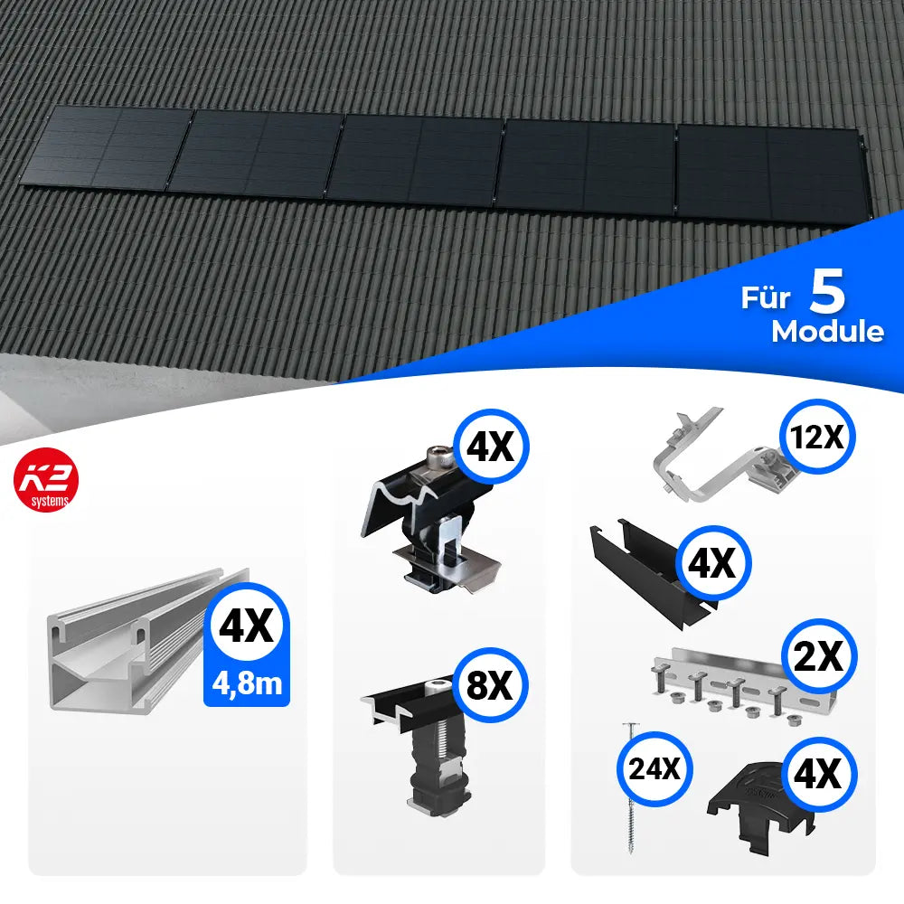 K2 Systems Quermontage Schrägdach Montageset für 5 Solarmodule – PV-Unterkonstruktion zur horizontalen Modulmontage auf geneigten Dächern