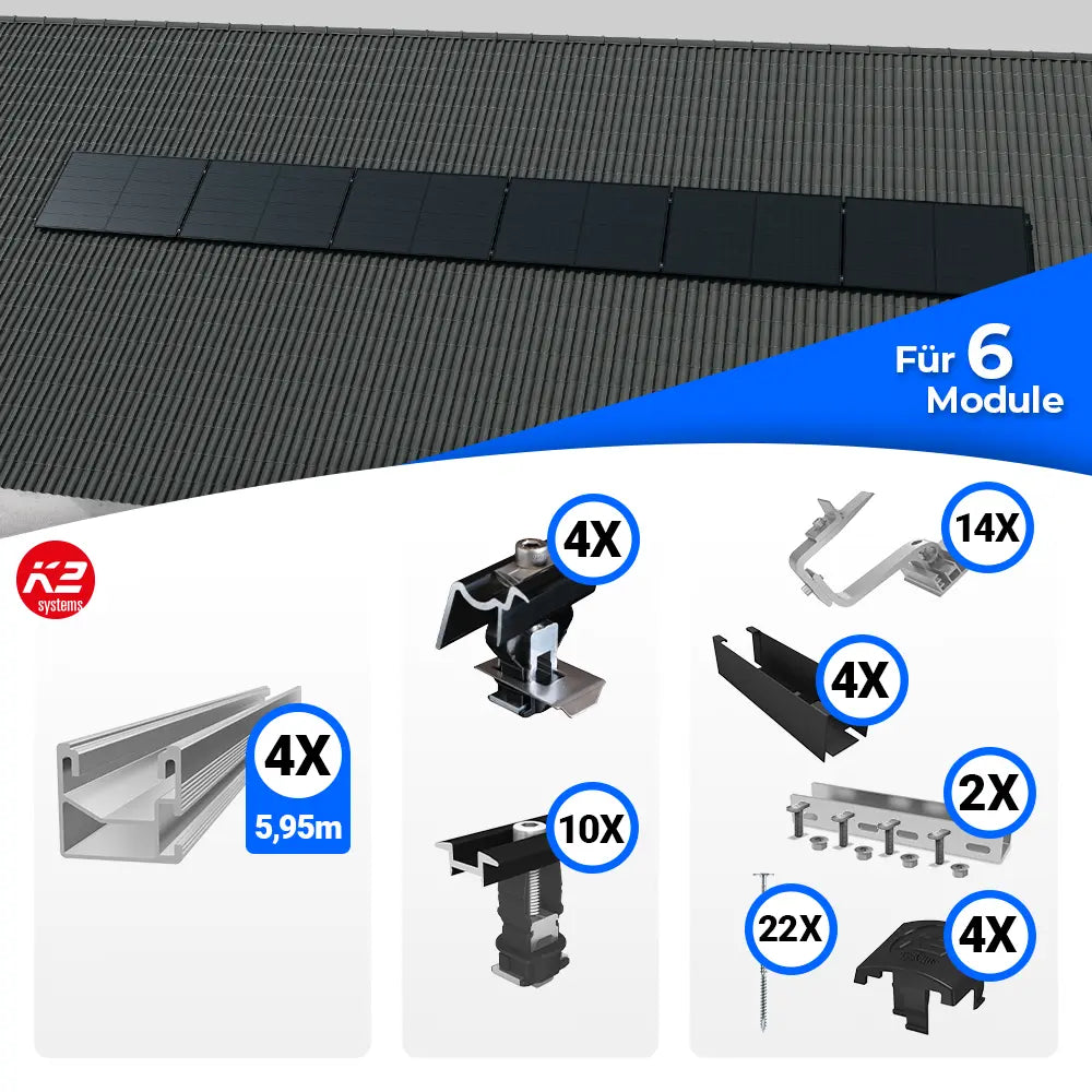 K2 Systems Quermontage Schrägdach Montageset für 6 Solarmodule – PV-Unterkonstruktion zur horizontalen Modulmontage auf geneigten Dächern