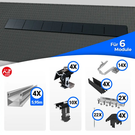 K2 Systems Quermontage Schrägdach Montageset für 6 Solarmodule – PV-Unterkonstruktion zur horizontalen Modulmontage auf geneigten Dächern