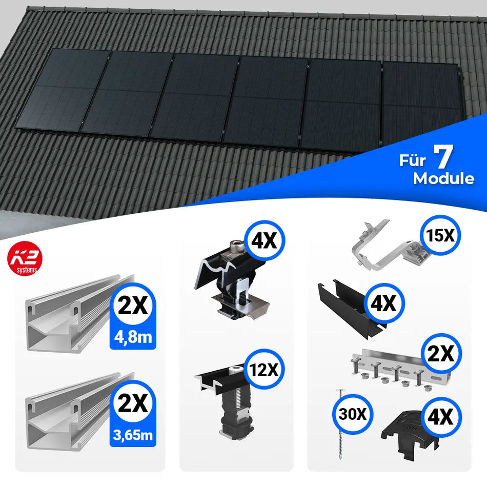 Montageset von K2 Systems für die vertikale Befestigung von Solarmodulen auf Schrägdächern. Beinhaltet Schienen, Dachhaken, Klemmen, Abdeckleisten, Schrauben und weiteres Zubehör für eine stabile und langlebige Montage von sieben PV-Modulen.