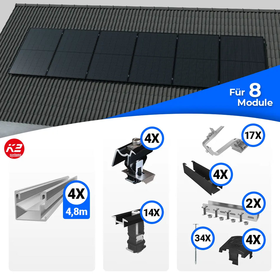 Montageset von K2 Systems für die vertikale Befestigung von Solarmodulen auf Schrägdächern. Enthält Schienen, Dachhaken, Klemmen, Abdeckleisten, Schrauben und weiteres Zubehör für eine sichere und langlebige Montage von acht PV-Modulen.