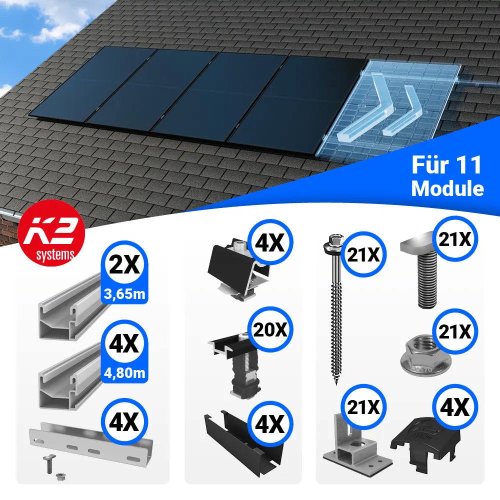 Komplettset K2 PV-Montage 11 Photovoltaikmodule Bitumendach