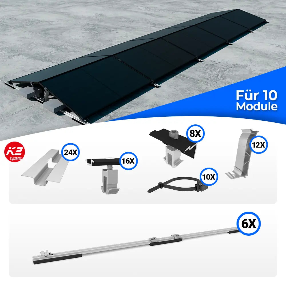 K2 Systems D-Dome Ost/West Flachdach Montageset für 10 Solarmodule – beidseitiges PV-Montagesystem zur maximalen Flächenausnutzung ohne Dachdurchdringung