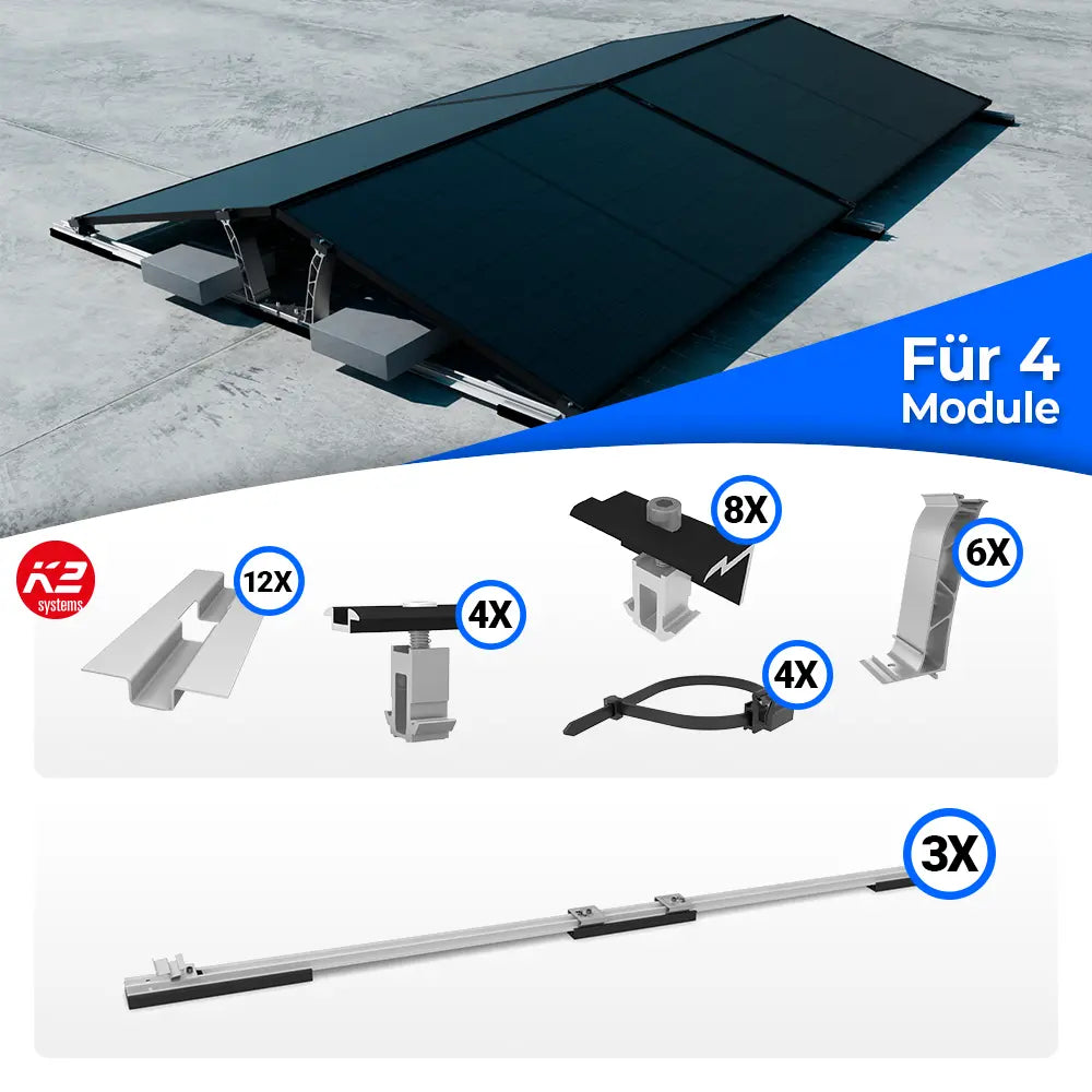 K2 Systems D-Dome Ost/West Flachdach Montageset für 4 Solarmodule – beidseitiges PV-Montagesystem zur optimalen Flächennutzung ohne Dachdurchdringung