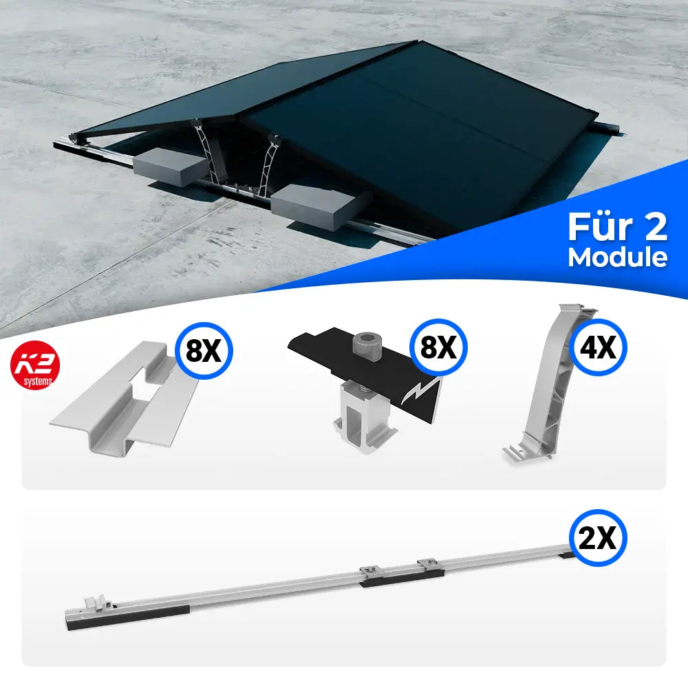 K2 Systems D-Dome Flachdach Montageset 6.15 Ost-West für 2 PV-Module – Flachdach Montagesystem