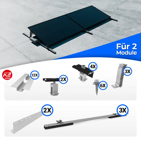 K2 Systems S-Dome Flachdach Montageset für 2 Solarmodule – aerodynamisches PV-Montagesystem für Flachdächer ohne Dachdurchdringung