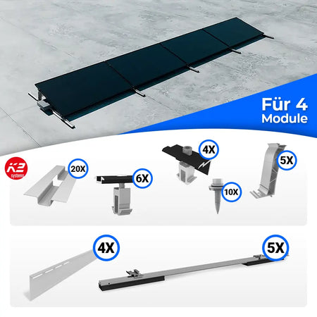 K2 Systems S-Dome Flachdach Montageset für 4 Solarmodule – aerodynamisches PV-Montagesystem für Flachdächer ohne Dachdurchdringung