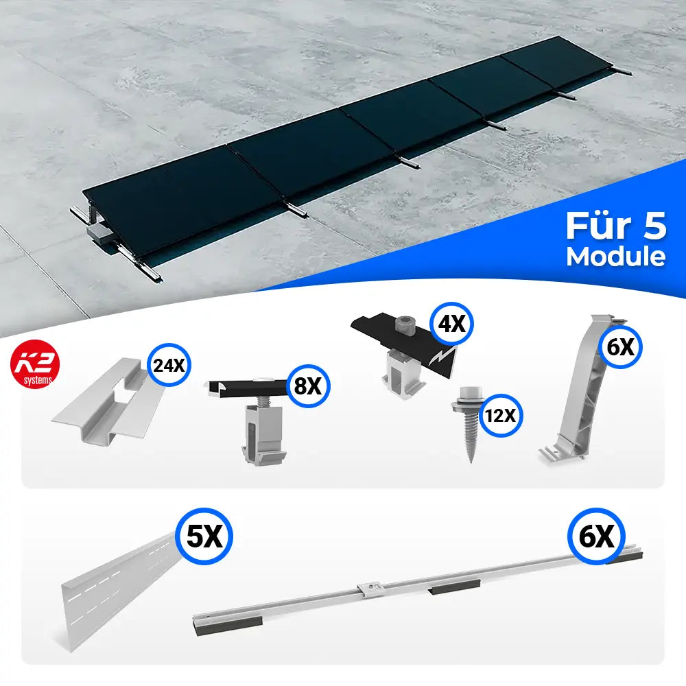 K2 Systems S-Dome Montageset für 5 Module – Flachdach-PV-Unterkonstruktion