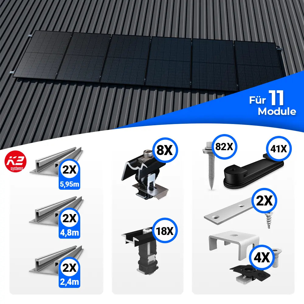 Montageset zur Befestigung von elf Solarmodulen auf einem Trapezblechdach. Oben ist eine Beispielmontage mit elf Modulen zu sehen. Im unteren Bereich sind die Bestandteile des Sets dargestellt: je zwei Montageschienen in 5,95 m, 4,8 m und 2,4 m Länge sowie diverse Montagekomponenten wie End- und Mittelklemmen, Schrauben, Halteclips und Dichtungen – jeweils mit Stückzahlangaben.
