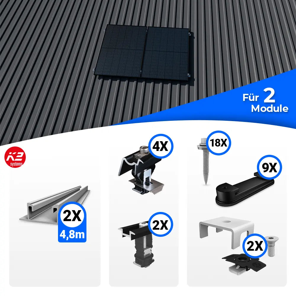 Montageset für die Installation von zwei Solarmodulen auf einem Trapezblechdach. Oben ist eine Beispielmontage mit zwei Modulen dargestellt, unten sind die enthaltenen Komponenten abgebildet, darunter Montageprofile, Klemmen, Schrauben und Zubehörteile in jeweils angegebener Stückzahl.