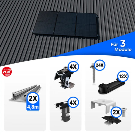 Montageset zur Befestigung von drei Solarmodulen auf einem Trapezblechdach. Oben ist eine Beispielmontage mit drei Modulen zu sehen, unten sind die enthaltenen Bauteile dargestellt – darunter zwei Montageschienen, verschiedene Klemmen, Schrauben und weitere Montageteile mit jeweils angegebener Anzahl.