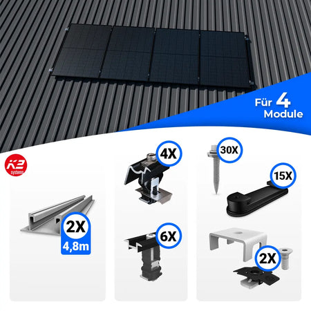 Montageset zur Befestigung von vier Solarmodulen auf einem Trapezblechdach. Das obere Bild zeigt eine Beispielmontage mit vier Modulen, darunter sind die einzelnen Set-Komponenten abgebildet, darunter zwei Montageschienen, Klemmen, Schrauben und weiteres Zubehör mit Stückzahlen.