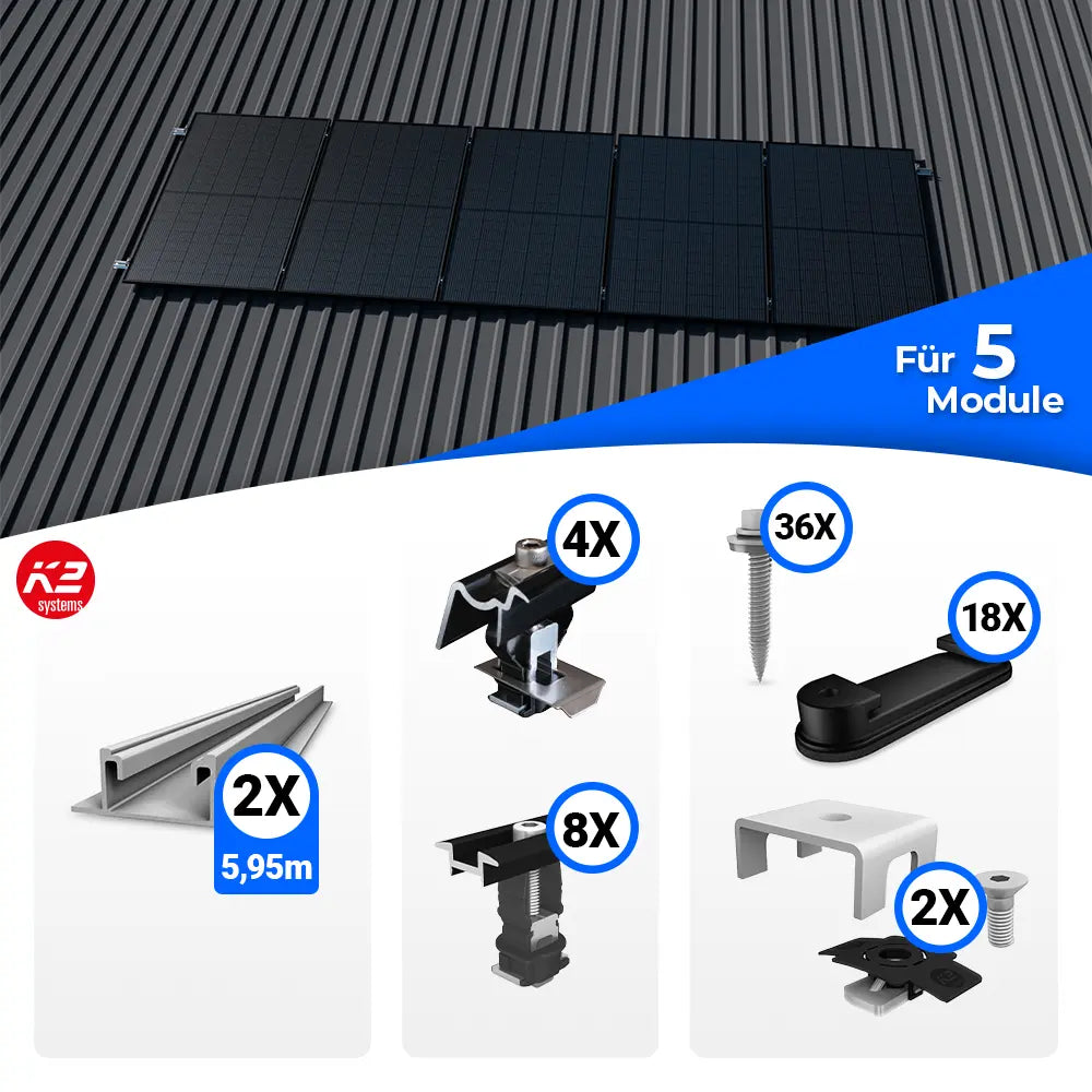 Montageset zur Installation von fünf Solarmodulen auf einem Trapezblechdach. Im oberen Bereich ist eine Beispielmontage mit fünf Modulen abgebildet, im unteren Bereich die enthaltenen Komponenten wie längere Montageschienen (5,95 m), Klemmen, Schrauben und weiteres Zubehör, jeweils mit Mengenangabe.