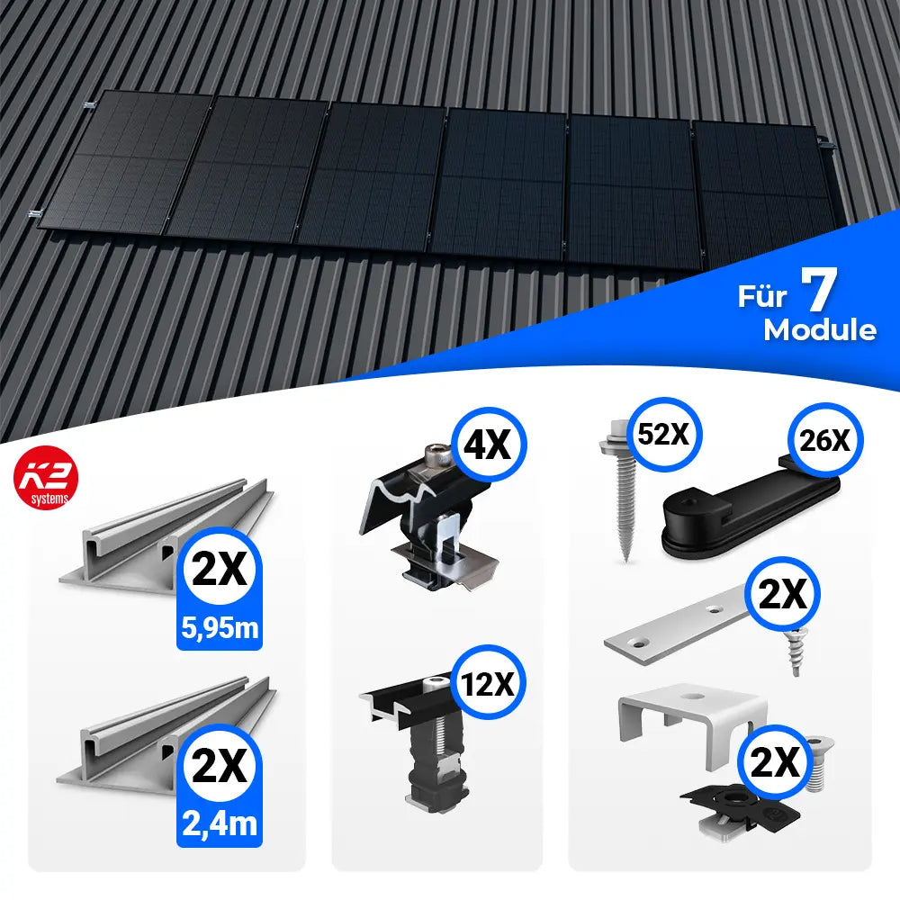 Montageset für sieben Solarmodule zur Befestigung auf einem Trapezblechdach. Das obere Bild zeigt eine Beispielinstallation mit sieben Modulen. Im unteren Bereich sind die enthaltenen Montagematerialien abgebildet: zwei lange Schienen (5,95 m), zwei kürzere Schienen (2,4 m), End- und Mittelklemmen, Schrauben, Halteclips und weiteres Zubehör mit Mengenangaben.