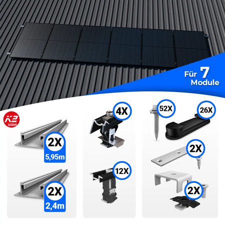 Montageset für sieben Solarmodule zur Befestigung auf einem Trapezblechdach. Das obere Bild zeigt eine Beispielinstallation mit sieben Modulen. Im unteren Bereich sind die enthaltenen Montagematerialien abgebildet: zwei lange Schienen (5,95 m), zwei kürzere Schienen (2,4 m), End- und Mittelklemmen, Schrauben, Halteclips und weiteres Zubehör mit Mengenangaben.