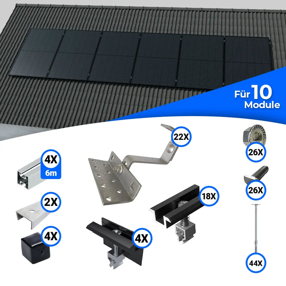 Komplettes Montageset zur Installation von zehn Solarmodulen auf einem Schrägdach. Die obere Bildhälfte zeigt eine Beispielmontage auf einem Dach. Darunter sind alle benötigten Befestigungskomponenten abgebildet: Aluminiumschienen, Dachhaken, Mittelklemmen, Endklemmen, Schrauben und weiteres Zubehör – jeweils mit Stückzahlen gekennzeichnet.