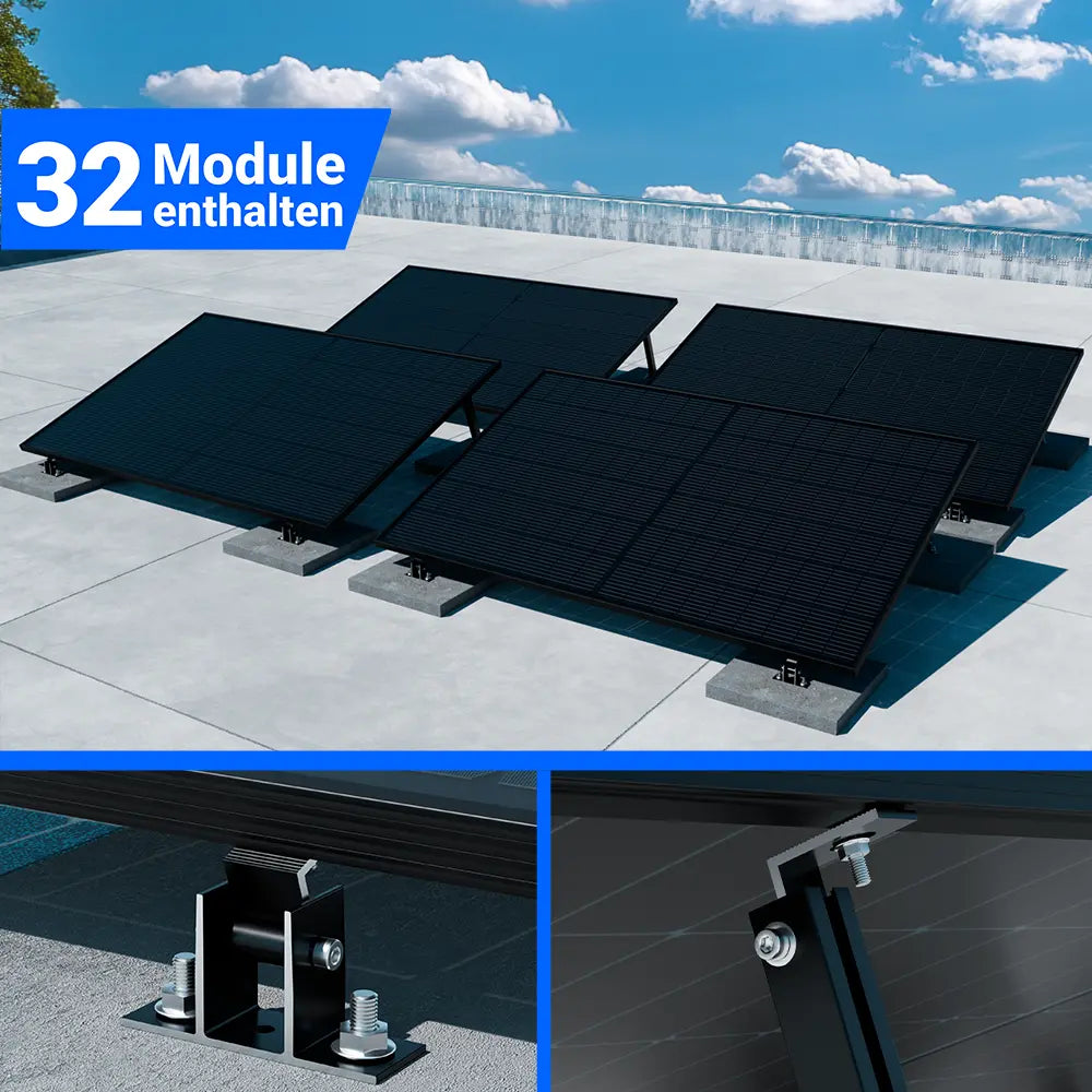 Photovoltaikanlage mit 32 Solarmodulen für Flachdach, inklusive stabiler Halterung mit Betonballast zur sicheren Installation und nachhaltigen Stromerzeugung.