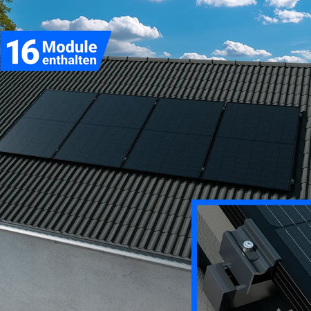 Photovoltaik-Montageset mit 16 Solarmodulen für Schrägdach, schwarze Module mit stabiler Dachhalterung für sichere Installation und nachhaltige Stromerzeugung – erhältlich bei SH24.